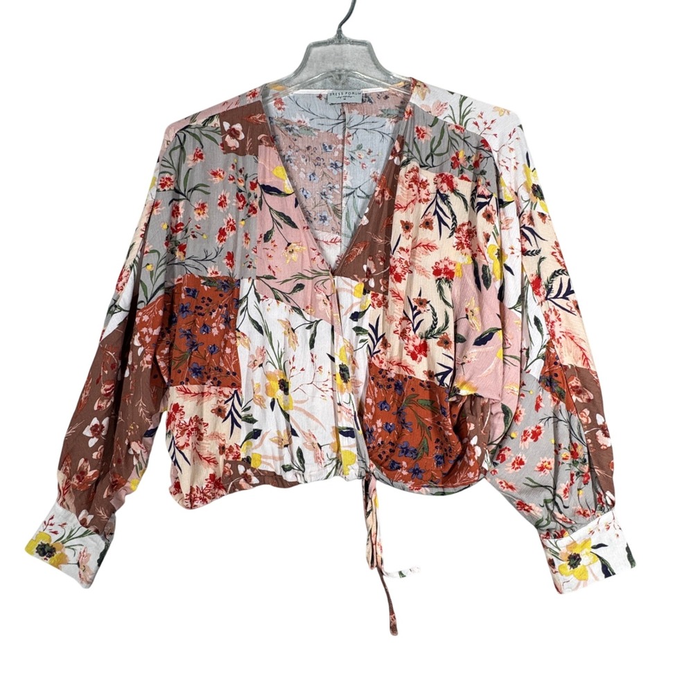 Dress Forum Shirt Floral Blouse Patchwork Long Sleeve Tie Front Top Size M‎